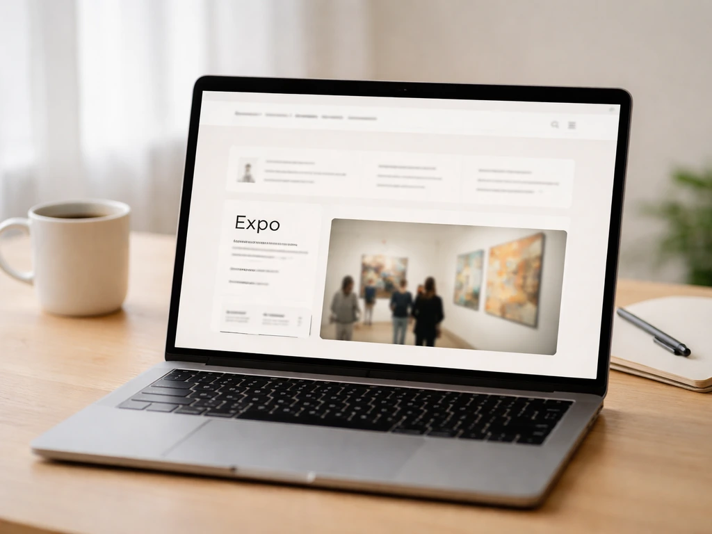 Vue rapprochée d’un écran d’ordinateur montrant une page d’expo avec dates, dans un bureau minimal.