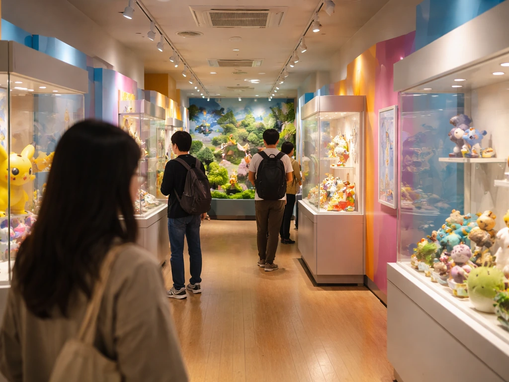 Salle d’exposition interactive Pokémon avec panneaux et vitrines, visiteurs vus de dos, ambiance immersive.
