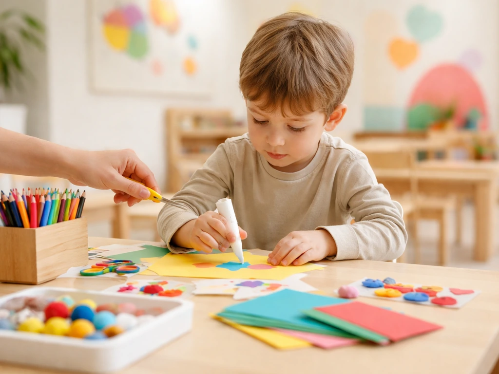 Enfant participant à un atelier au Musée en herbe, avec matériel d’arts et encadrement dans une salle lumineuse.