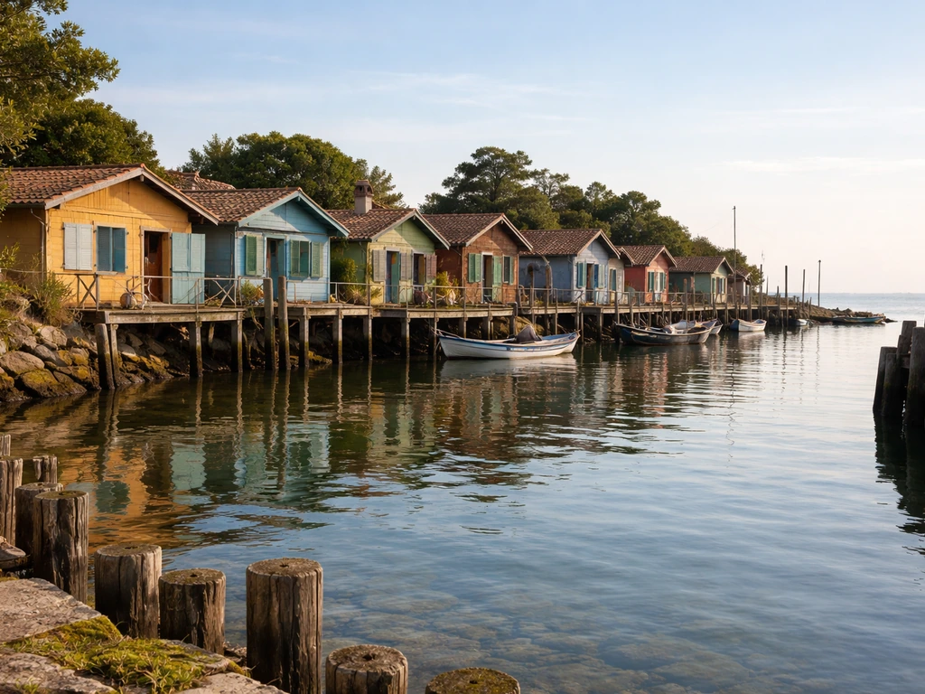 Vue paisible du village de l’Herbe au Cap Ferret, cabanes ostréicoles colorées et bassin au premier plan