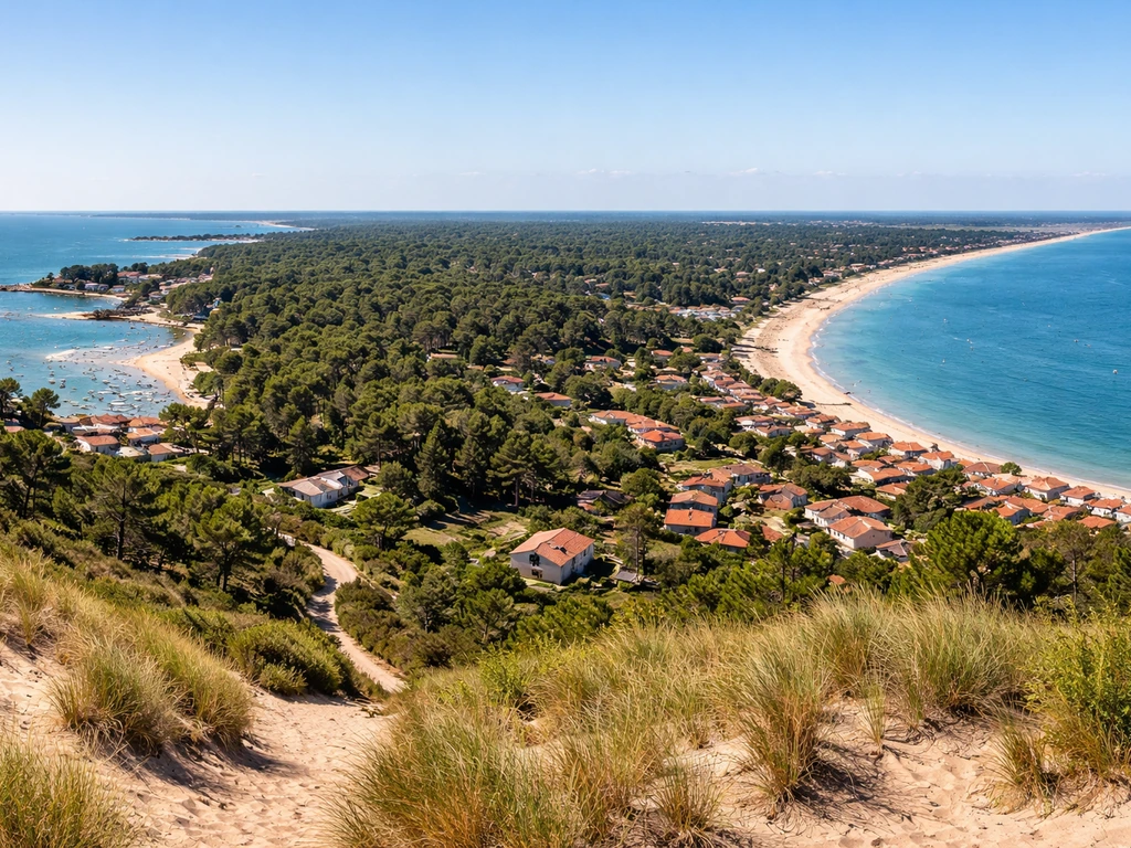 Panorama réaliste de la presqu’île de Lège–Cap Ferret, côtes et dunes, évoquant L’Herbe, Le Canon et Piraillan.