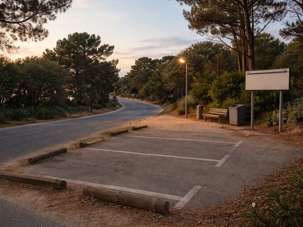 Halte nocturne le long de la D106 à L’Herbe, vue sur le stationnement près de l’arrêt, sans personnes.