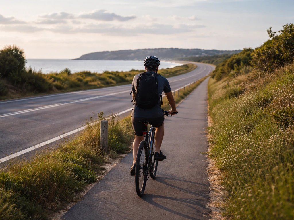 Cycliste anonyme sur une piste cyclable longeant la D106 vers une presqu’île, au calme.