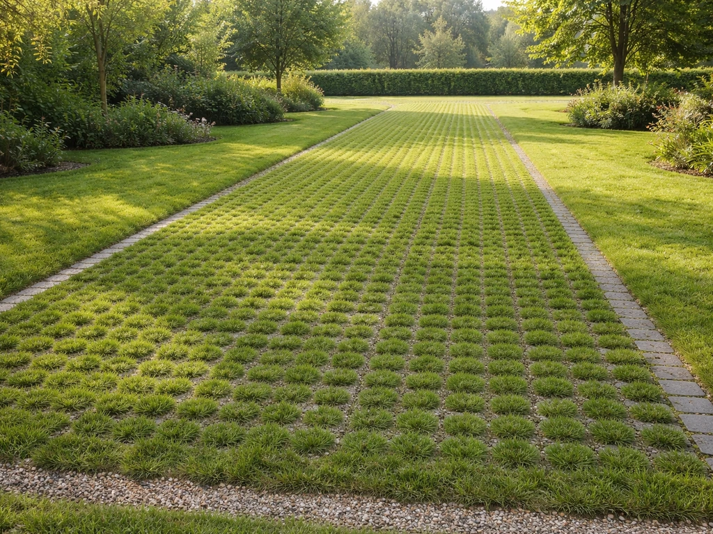 Parking herbe en dalles engazonnées, herbe dense et traces de roues légères intégrées au jardin.