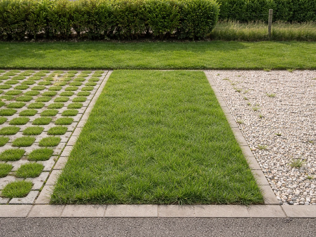 Trois zones de parking en herbe : dalles engazonnées, structure alvéolée, et graviers avec semis