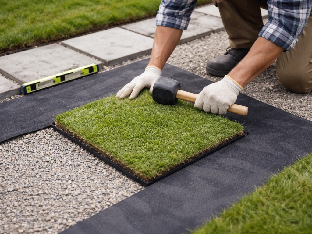 Pose de dalles engazonnées sur une surface préparée, avec géotextile et réglage du niveau