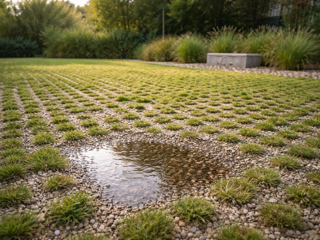 Parking herbeux perméable avec eau de pluie s’infiltrant au sol, en contexte d’ouvrage d’infiltration.