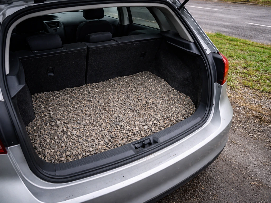 Coffre de voiture ouvert : fond de coffre avec gravier au-dessus d’herbe, sans géotextile, drainage encrassé.