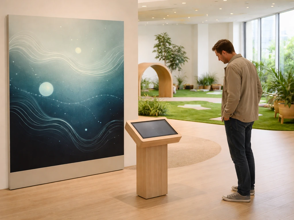 Scène du Musée en herbe avec un panneau discret présentant le parcours “Digital Abysses” pour une visite famille.