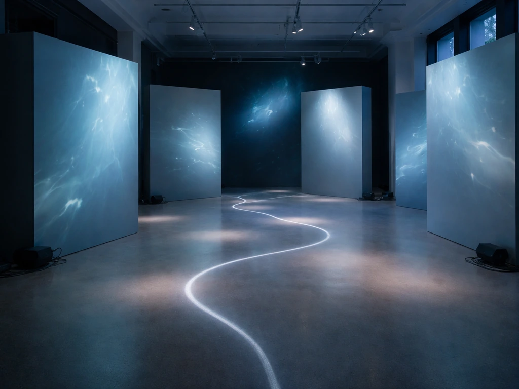 Installation immersive au musée avec éclairage bleu-noir et lumière projetée, ambiance “abysses”.
