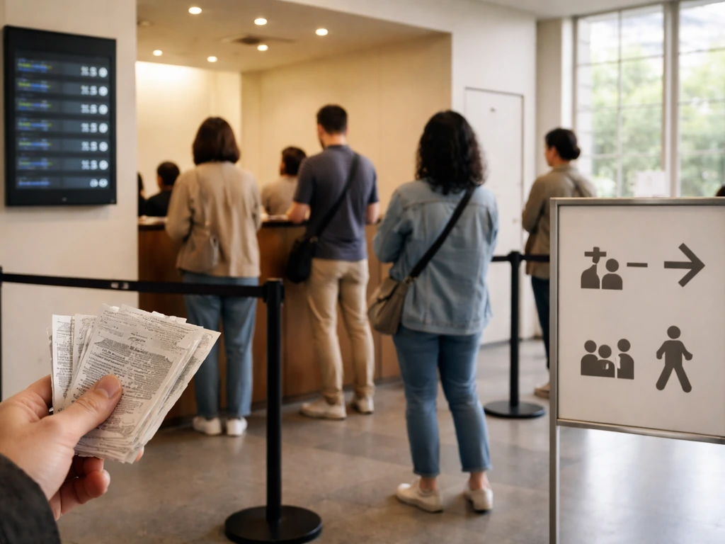 Mains anonymes près d’un comptoir de musée : créneaux à gauche, visite libre sans créneau à droite.