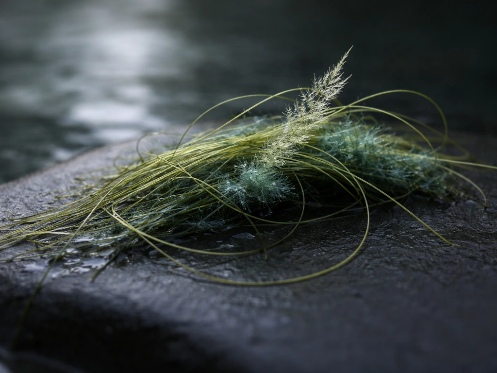 Gros plan sur un fil d’herbe et d’algues, textures détaillées, lumière diffuse sur fond sombre.