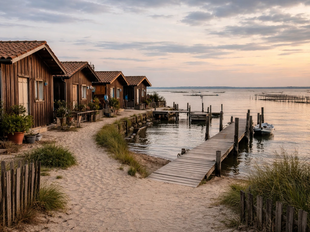 Vue du village de l’Herbe au Cap Ferret avec cabanes à huîtres et pontons sur le Bassin d’Arcachon.
