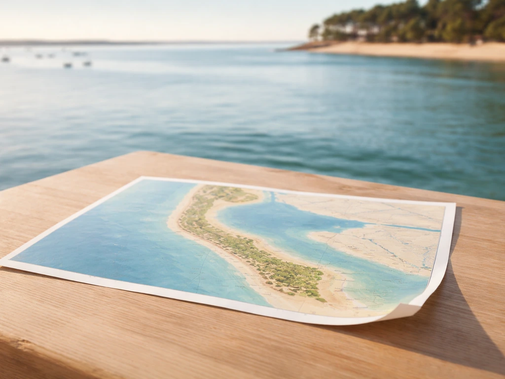 Petite carte papier du Cap Ferret avec une vue du Bassin d’Arcachon en arrière-plan, sans texte lisible.
