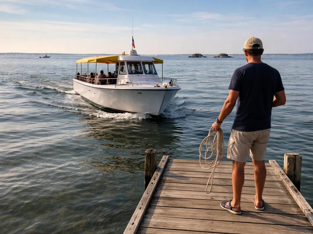 Un bateau-taxi accoste sur un ponton au Cap Ferret, eau calme et lumière naturelle, personne anonyme au quai.