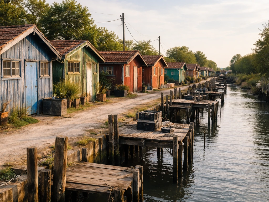 Ruelles et pontons d’un village d’ostréiculture avec des cabanes à huîtres colorées au soleil