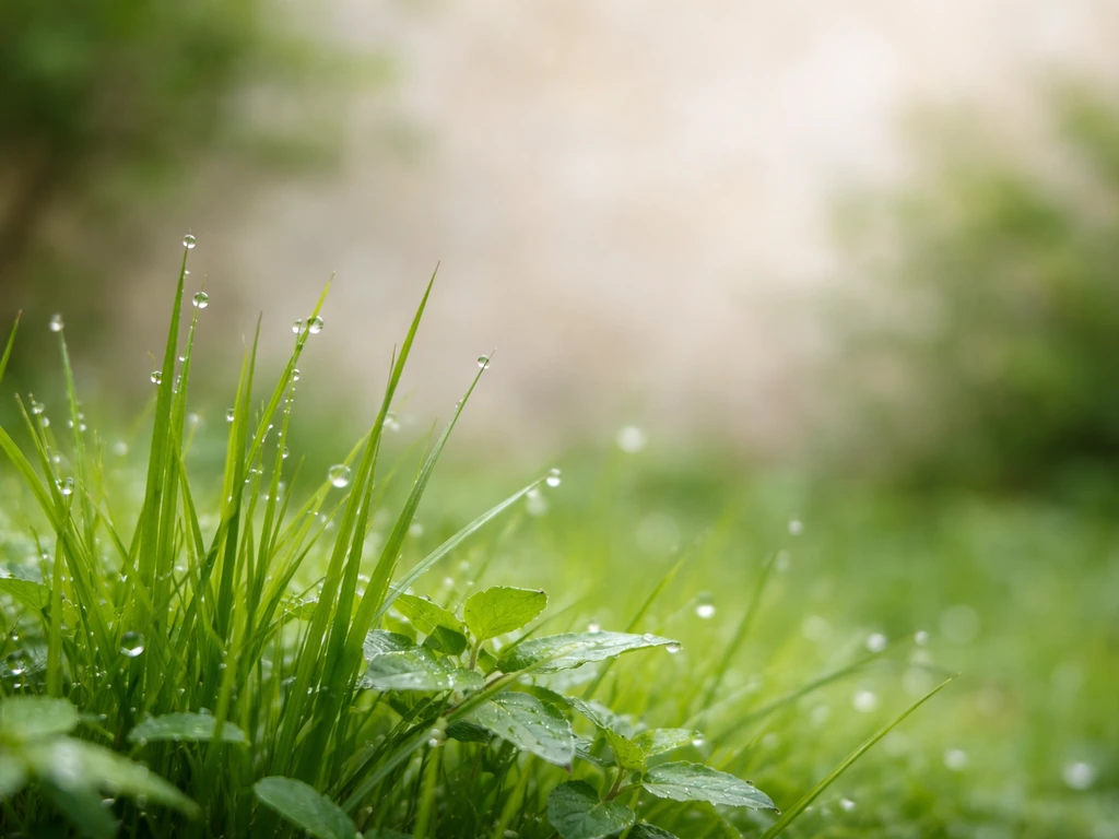 Détails d’herbe et de feuillages au premier plan, avec une touche picturale évoquant l’art.