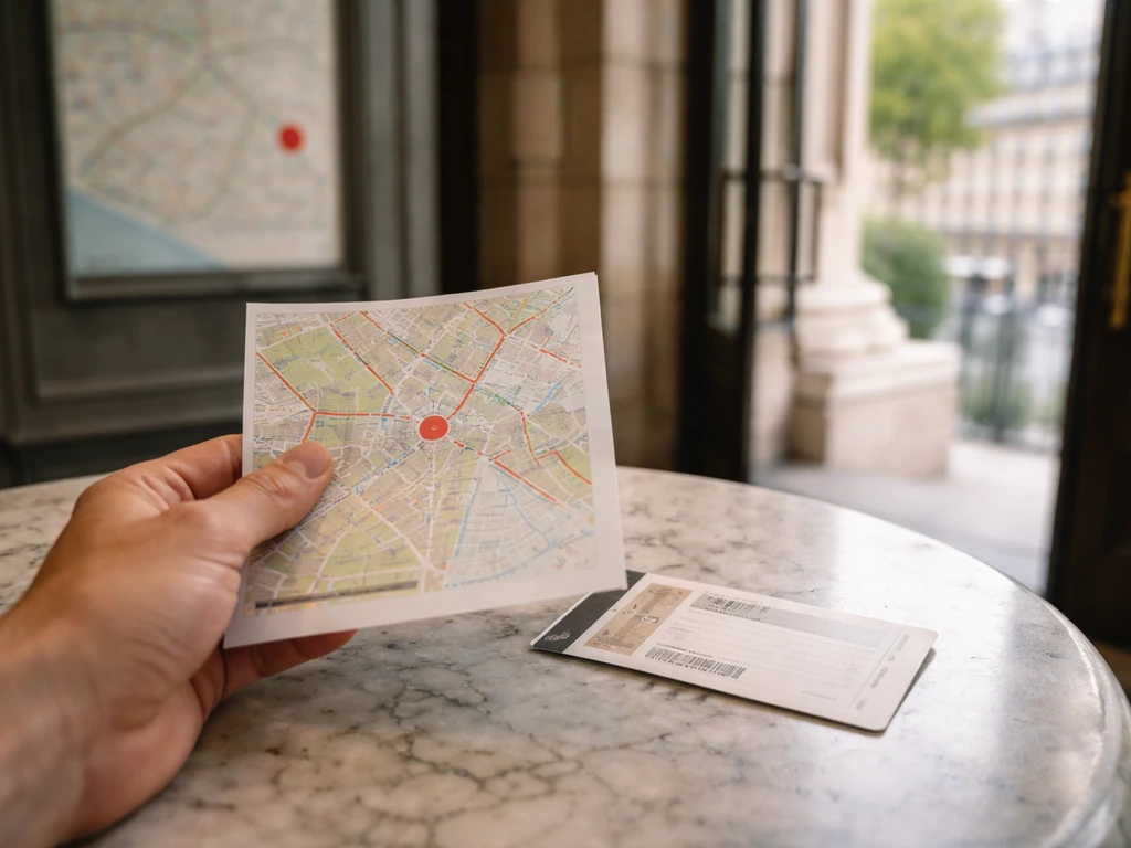 Plan d’accès et pass d’entrée posés près de l’entrée d’un musée, avec vue urbaine floue.