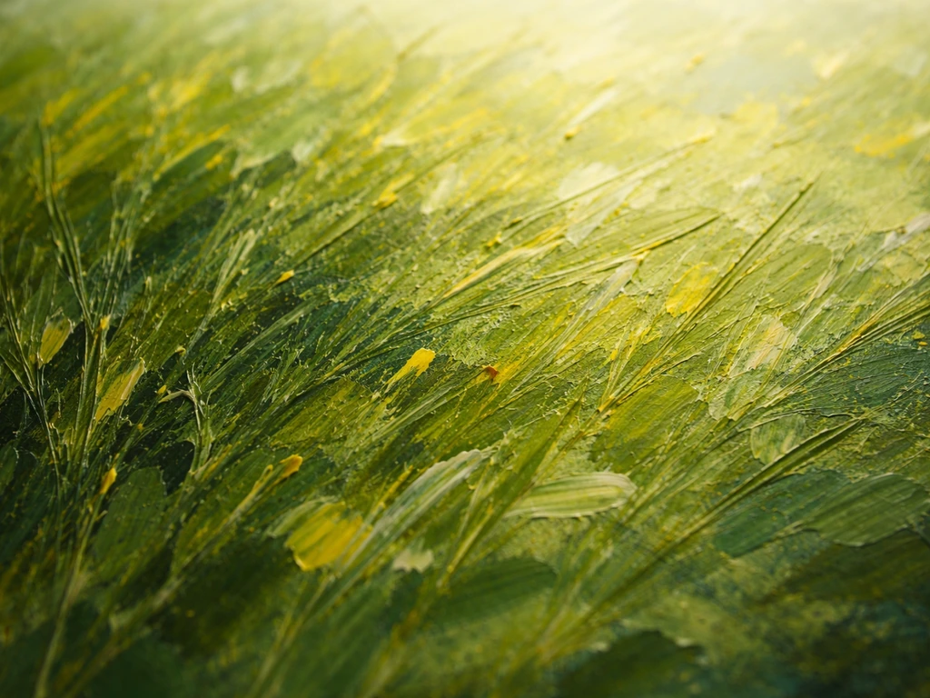 Gros plan de touches picturales montrant des textures d’herbe, rendu entre impressionnisme et modernité