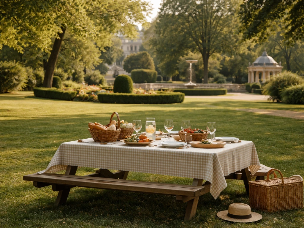 Pelouse de pique-nique à Limoges, table à carreaux sur l’herbe, ambiance visite, sans personnes.