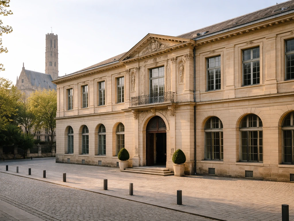 Entrée du Musée des Beaux-Arts de Limoges, façade ancienne en pierre avec la cathédrale en arrière-plan flou.