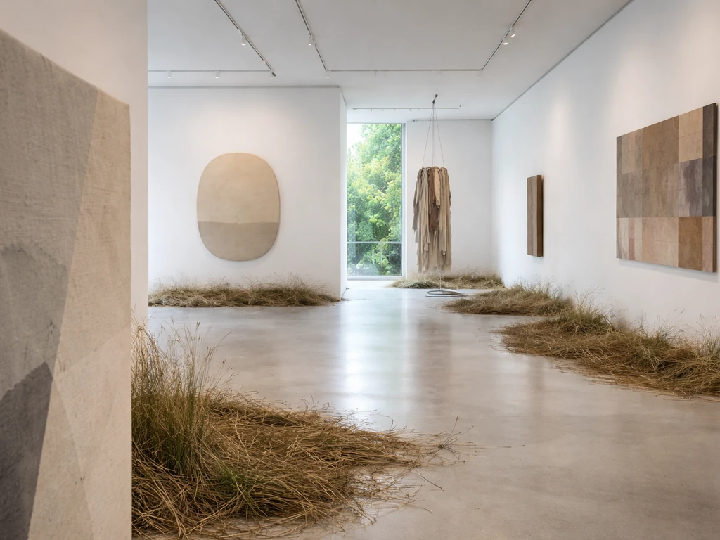 Intérieur lumineux d’une salle d’art contemporain à Limoges avec une installation évoquant l’herbe et la matière.
