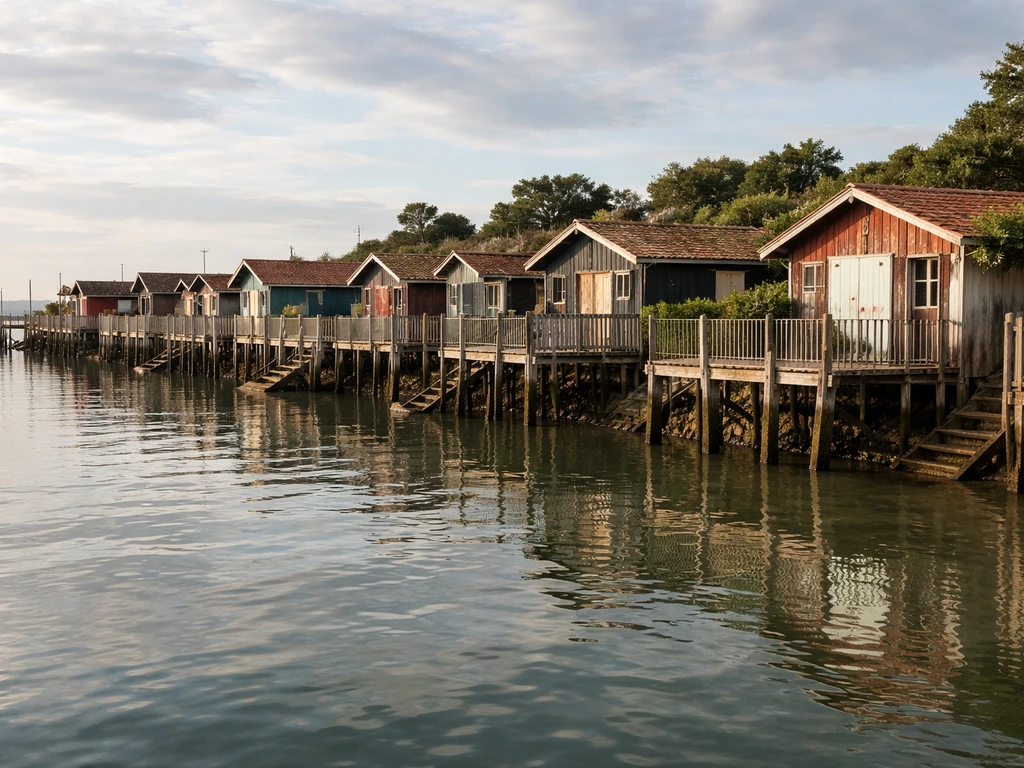 Panorama du village de L’Herbe à Cap Ferret : cabanes ostréicoles sur pilotis et bassin calme.