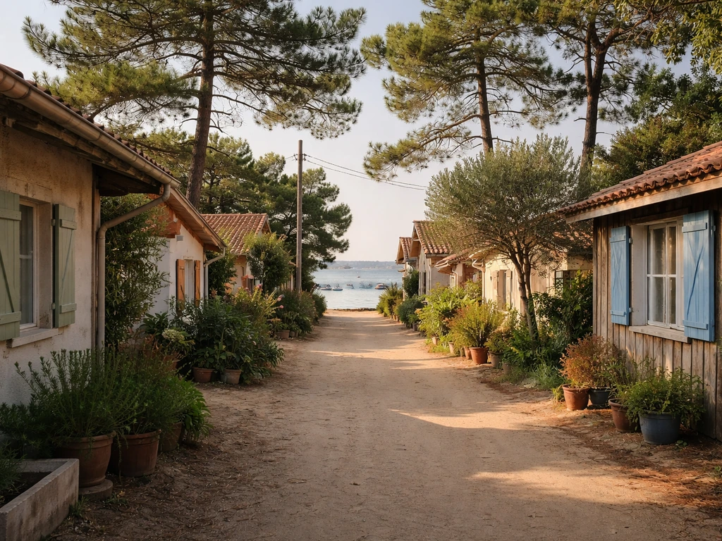 Vue calme du Village de L’Herbe à Cap Ferret, maisons claires et aperçu de l’eau au loin.