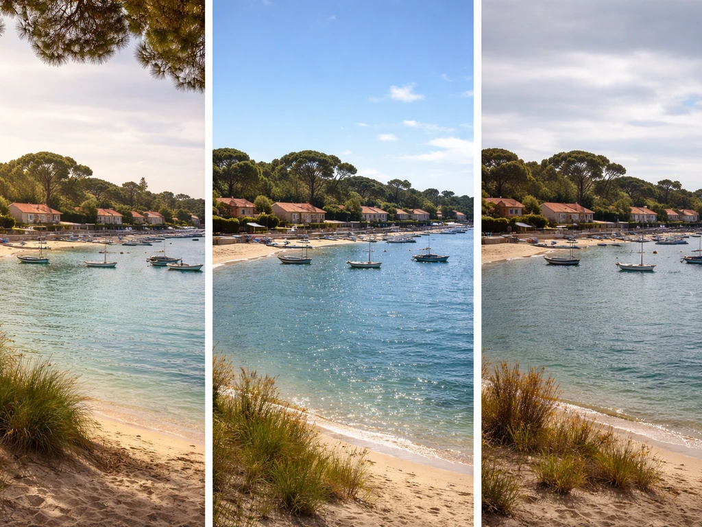 Triptyque du Cap Ferret au printemps, en été et en automne : variations de lumière et couleurs de l’eau.