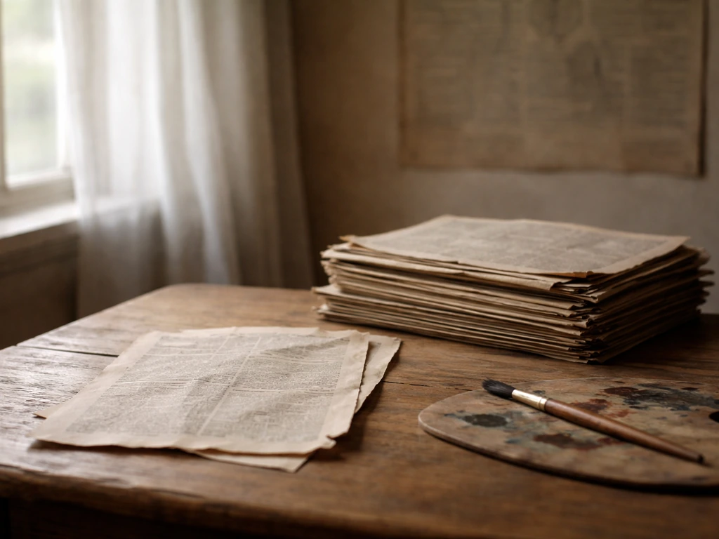 Bureau avec vieux journaux et pinceau près d’un rideau, ambiance de scandale artistique d’autrefois.
