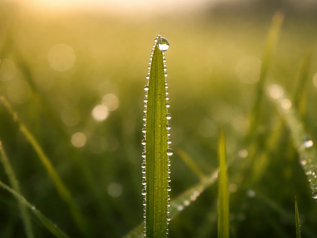 Macro d’un brin d’herbe genas isolé, rosée et texture nettes sous une lumière rasante de lever de soleil.