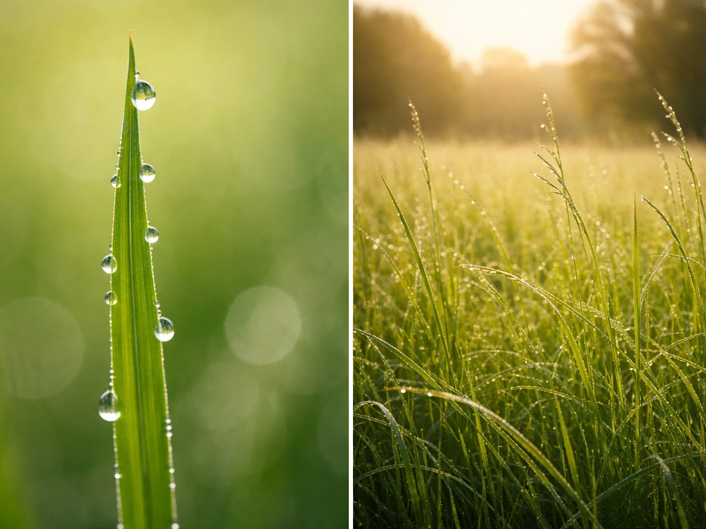 Deux vues côte à côte : macro d’un brin d’herbe avec rosée et paysage d’une prairie floue au soleil.