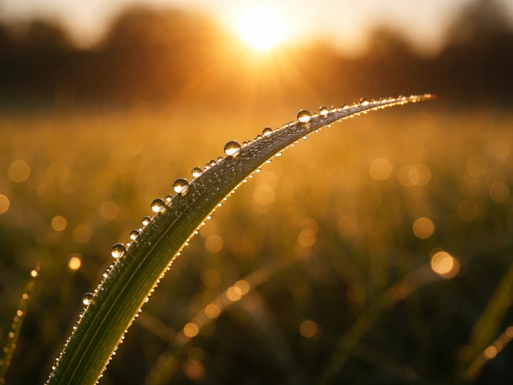 Un brin d’herbe en contre-jour avec des gouttes de rosée, halos et texture très détaillée au lever du soleil.