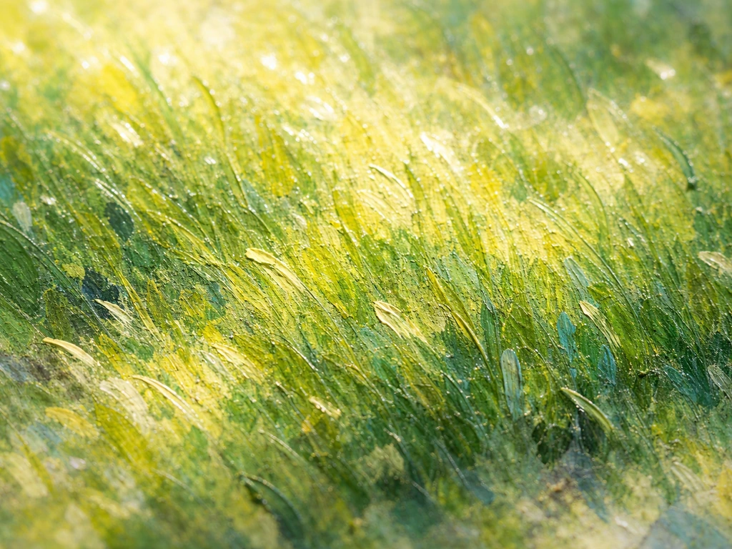 Détail d’une toile impressionniste où l’herbe en touches lumineuses vert-jaune vibre sous la lumière.