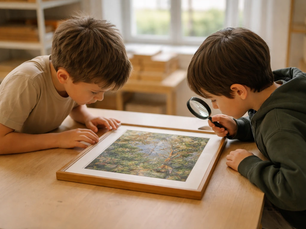 Deux enfants observent une œuvre: l’un regarde l’ensemble, l’autre utilise une loupe pour voir les détails.