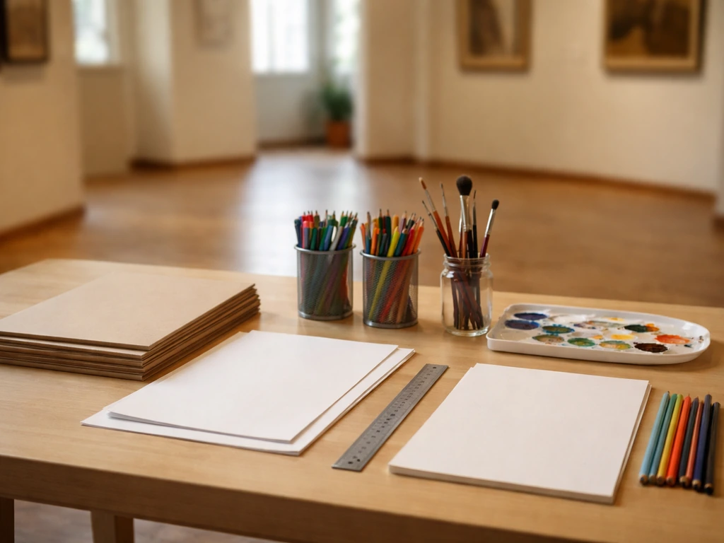 Table préparée avec cartons, feutres, pinceaux et feuilles pour un atelier créatif juste avant le départ.