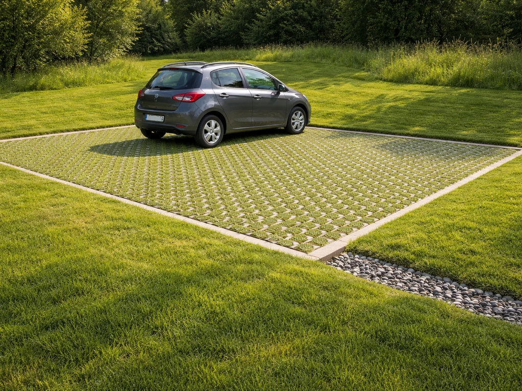 Voiture sur dalles/gilles perméables intégrées au gazon, parking sur herbe sans orniérage visible.