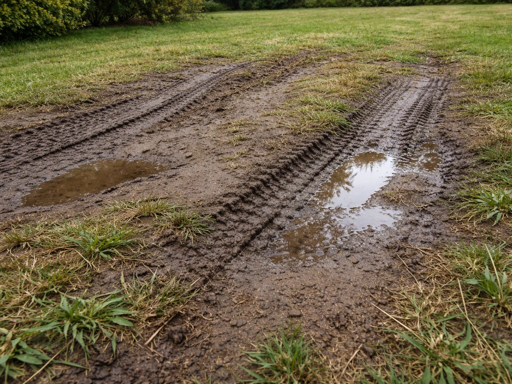 Sol de pelouse compacté avec ornières et eau stagnante après stationnement