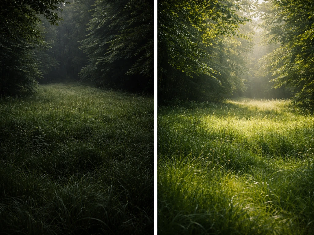 Deux vues rapprochées d’une clairière : herbe dense au rendu mat chez l’une, verdure lumineuse et fluide chez l’autre.