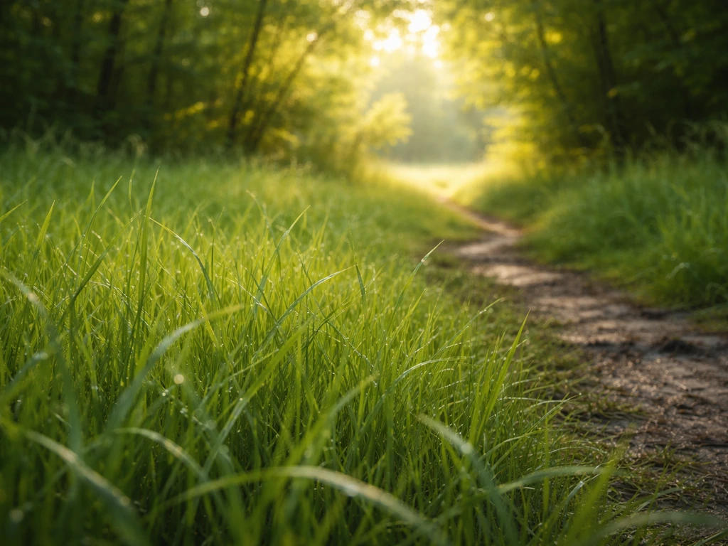Gros plan sur une clairière : herbe au premier plan et lumière diffuse créant une profondeur.