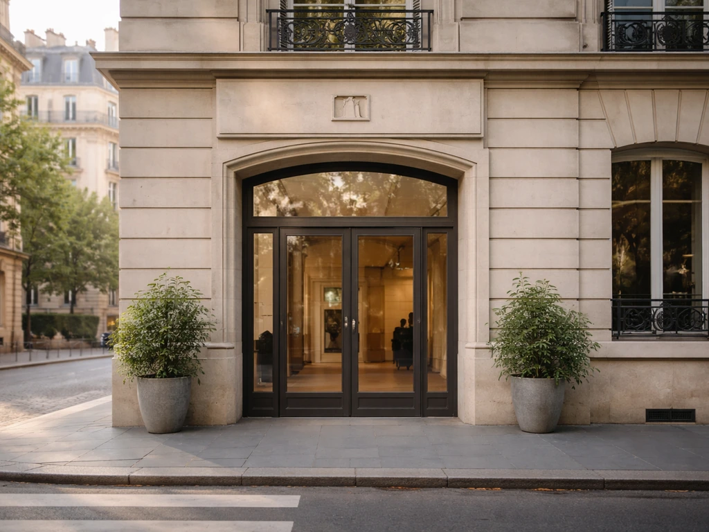 Entrée d’un musée parisien avec façade claire et panneau discret au-dessus de la porte vitrée.
