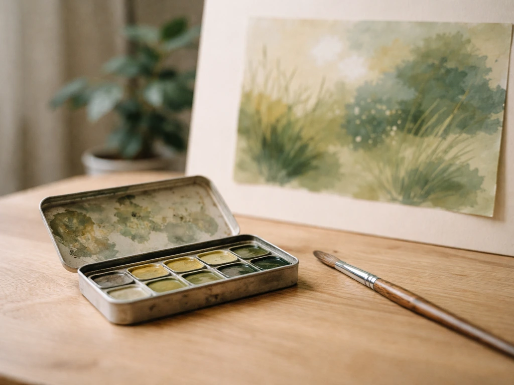 Palette de peinture et collage vert inspiré de l’iconographie de l’herbe, ambiance atelier artistique.