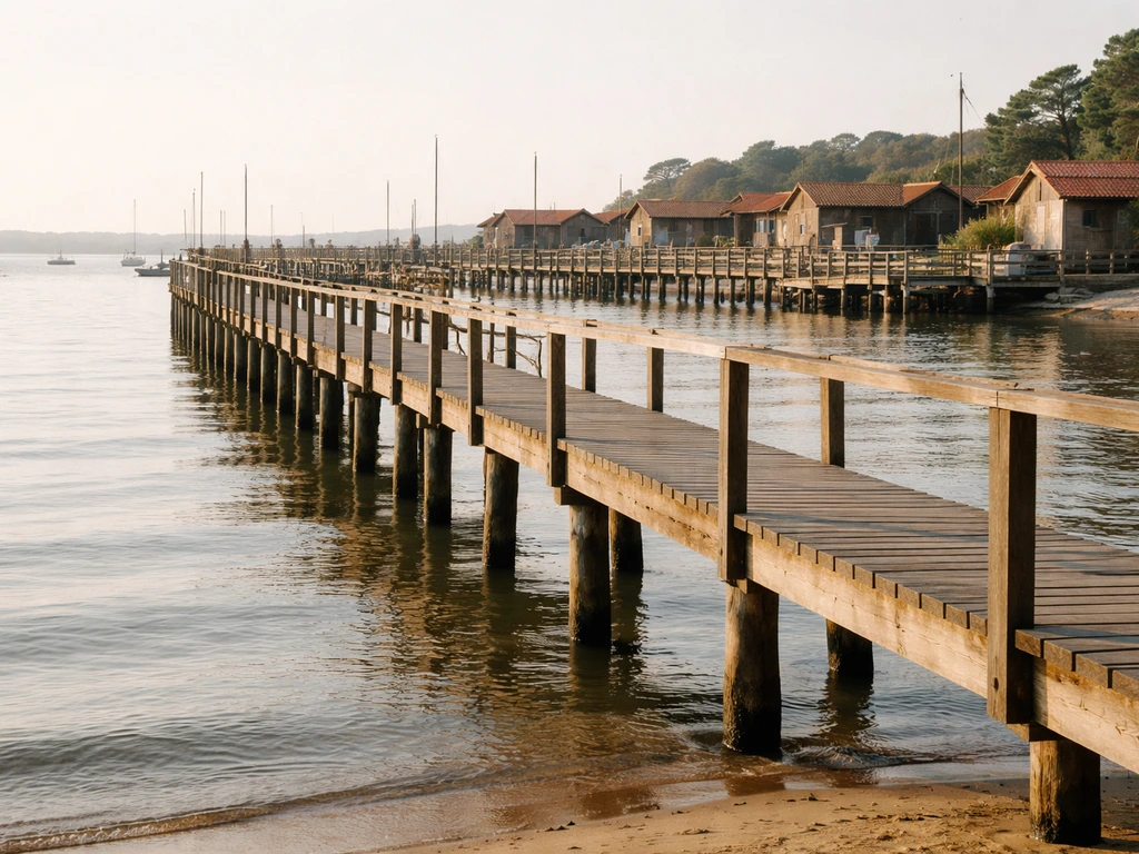 Ponton du Village de l’Herbe à Cap Ferret au bord du bassin d’Arcachon, pilotis en bois et cabanes ostréicoles.