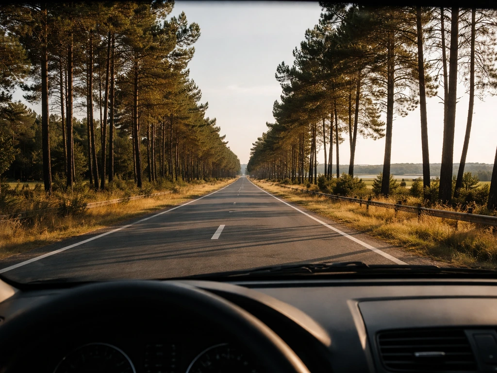 Voiture roulant sur une route côtière menant vers Lège-Cap-Ferret, vue vers le sud de la presqu'île