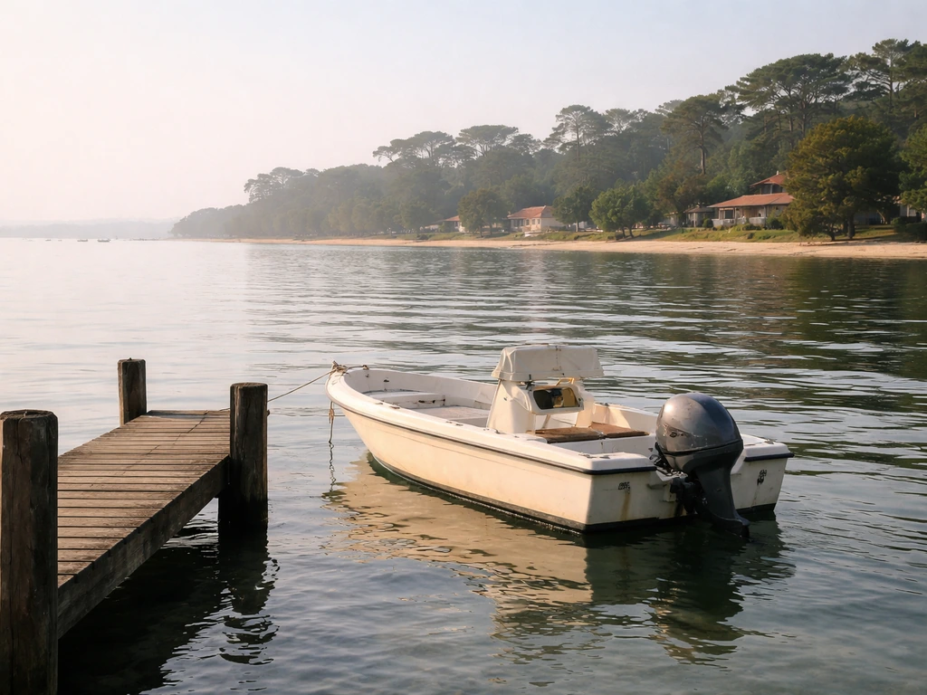 Petite embarcation amarrée au bassin d’Arcachon, jetée en bois et rive en arrière-plan.