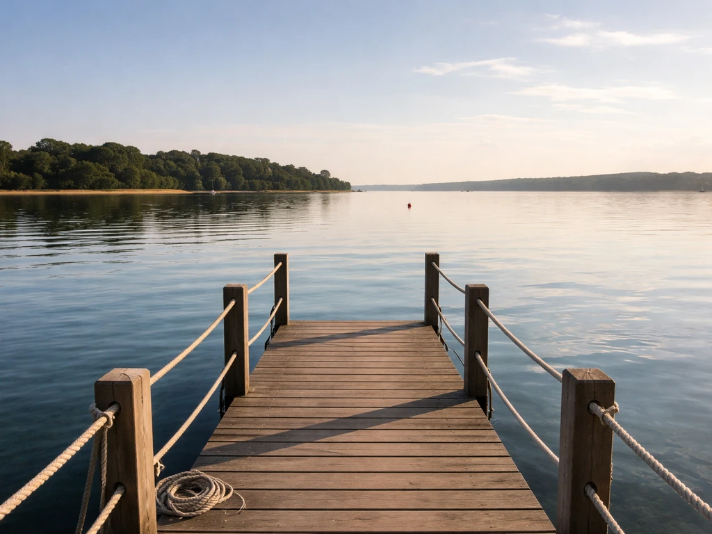 Vue panoramique depuis l’extrémité d’un ponton sur toute la largeur d’un bassin, eau calme et repères naturels.