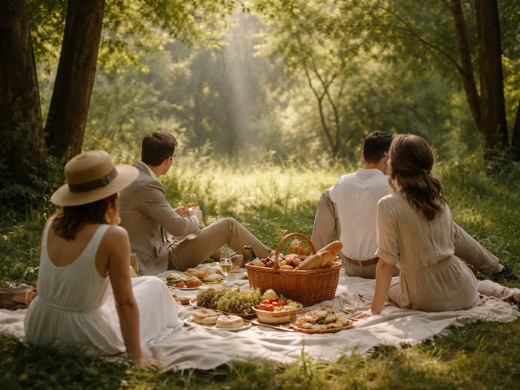 Personnes anonymes assises dans l’herbe, lumière filtrée du sous-bois évoquant un pique-nique à la Renoir.