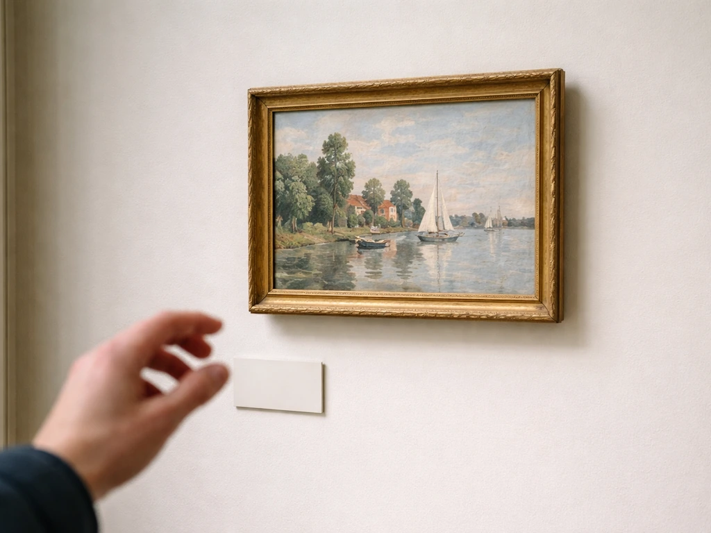 Accrochage de tableau impressionniste dans un musée, main floue près d’un cartel non lisible.