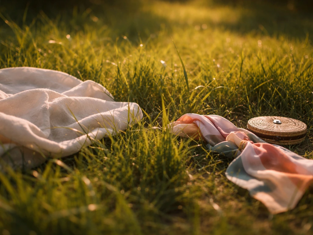Gros plan sur l’herbe au sol, avec tissu et objets posés en contraste, ambiance picturale à la manière d’un Renoir.