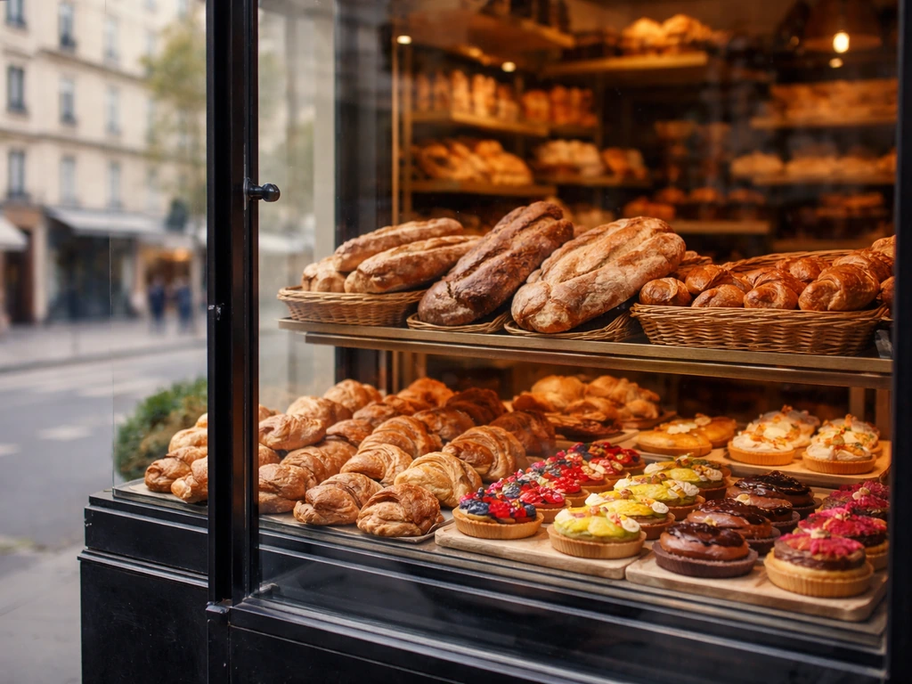 Vitrine d’une boulangerie-pâtisserie végétale à Paris, avec pains, viennoiseries et pâtisseries.